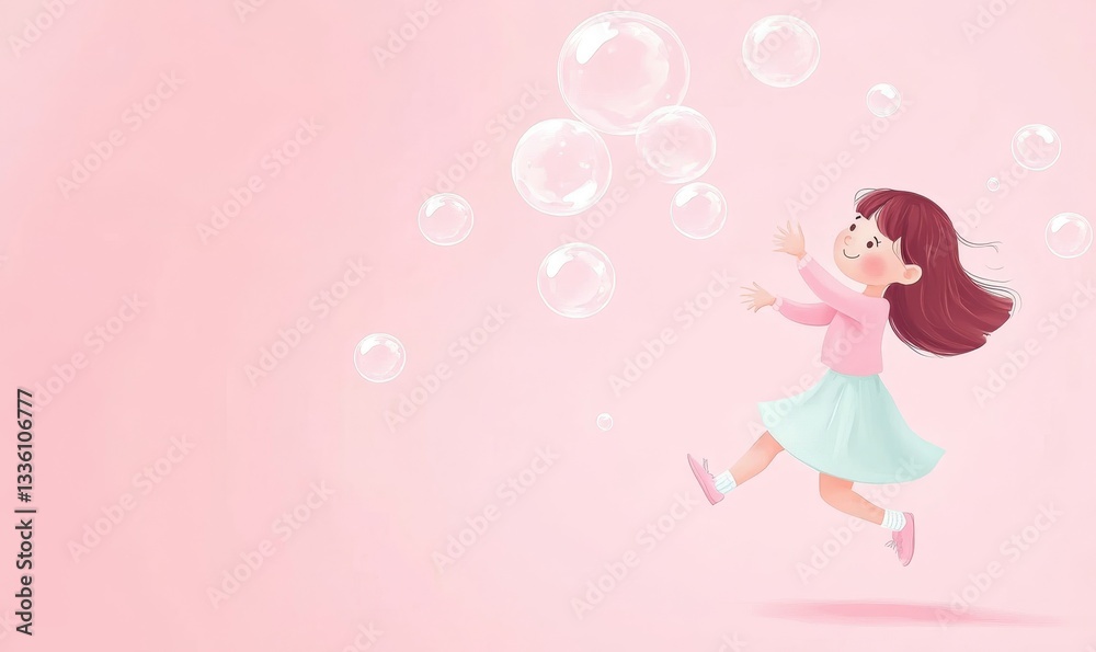 cute little girl chasing and playing with soap bubbles, wide banner with copy space area for kids play fun times concepts cute little girl chasing and playing with soap bubbles, wide banner with copy space area for kids play fun times concepts