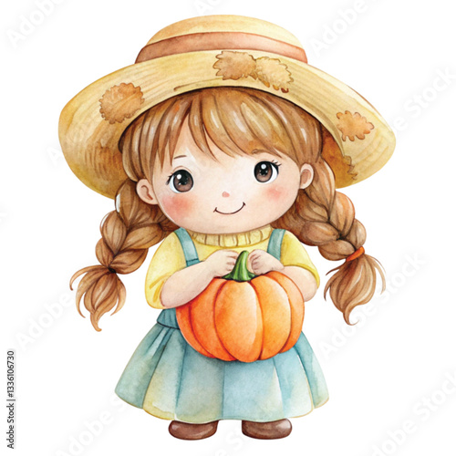 Girl with braided hair standing holding a pumpkin Clipart Watercolor