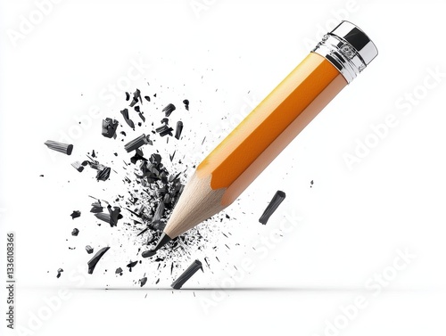 Yellow Pencil Exploding into Graphite Dust on White Background