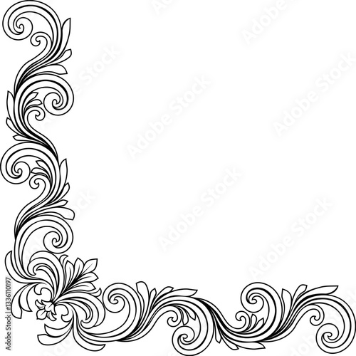 A filigree heraldic crest motif floral pattern corner border frame design element. Original design in a vintage style.
