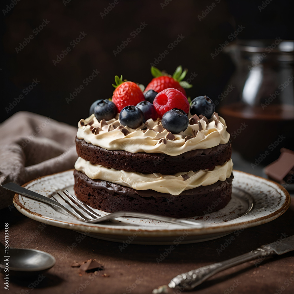 chocolate cake with cream layers and berries toping chocolate cake with cream layers and berries toping
