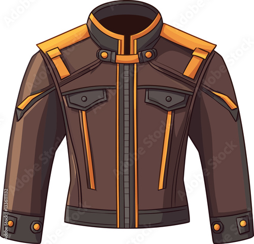 Stylish brown jacket with orange accents and multiple pockets for casual or outdoor wear cartoon isolated on transparent background. Vector illustration.