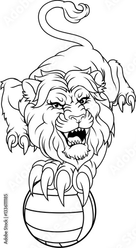 Lion holding a volleyball b...