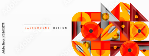 Geometric abstract composition with intersecting shapes, circles, triangles, and gradients, blending vibrant colors and dynamic contrasts to create a modern, futuristic visual design