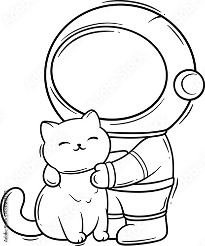 Cute Cartoon Astronaut playing with cat outline