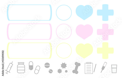 医療・健康をテーマにしたカラフルなフレームとアイコンセット