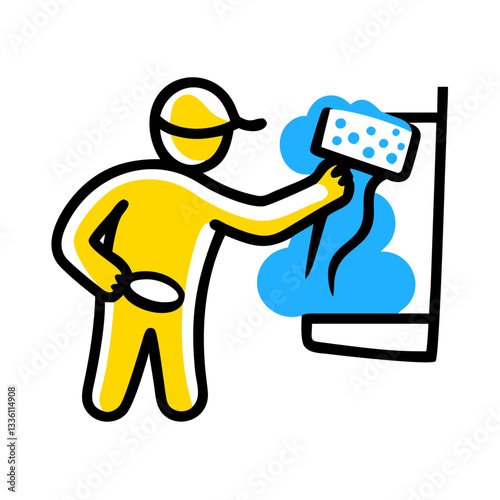Cleaning service icon: simplified yellow figure washing bathroom walls with blue soap bubbles, symbolizing hygiene and maintenance