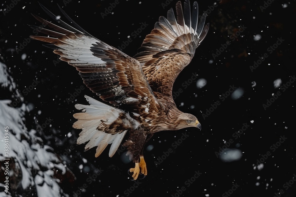 Fototapeta premium A large eagle is flying in the sky with snow on its wings