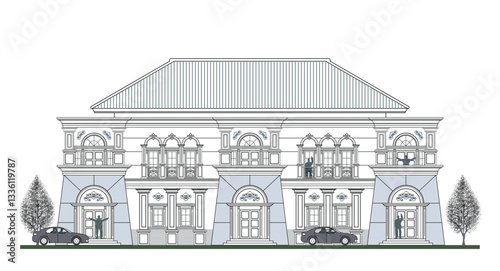 Facade of 2 storey symmetrical classical  building with 6 doors, 10 windows, 20 columns, frames, balustrade, canopy, balcony, curve elements and trapezoidal roof.