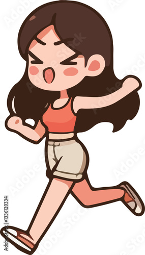 Cartoon woman character action, tired, emotions, running, walking, standing