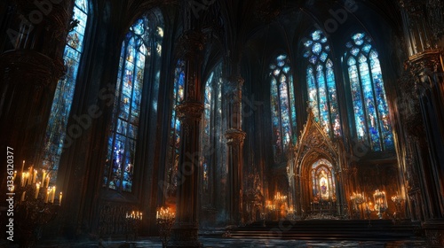 Magnificent gothic cathedral interior with detailed stained glass windows and candles