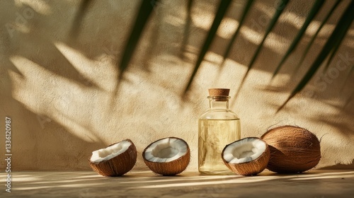 Coconut Oil Bottle with Coconuts Under Palm Tree Shadows