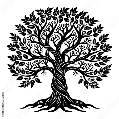 A Stunning Twisted Tree With a Dense Green Canopy Representing Forest Conservation. black and white tree silhouette