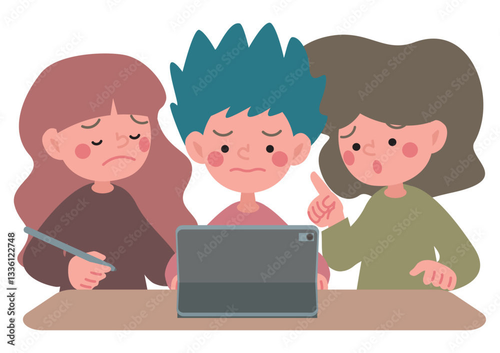 タブレット端末でグループワークをするこどもたちのベクターイラスト