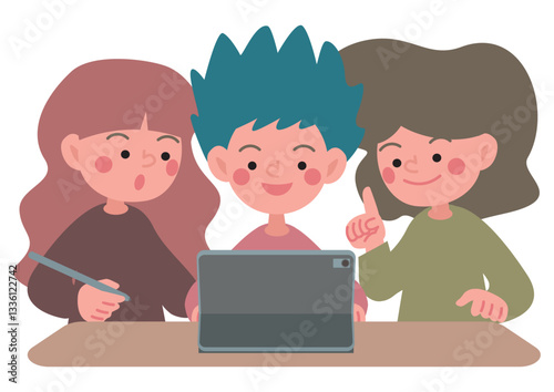 タブレット端末でグループワークをするこどもたちのベクターイラスト