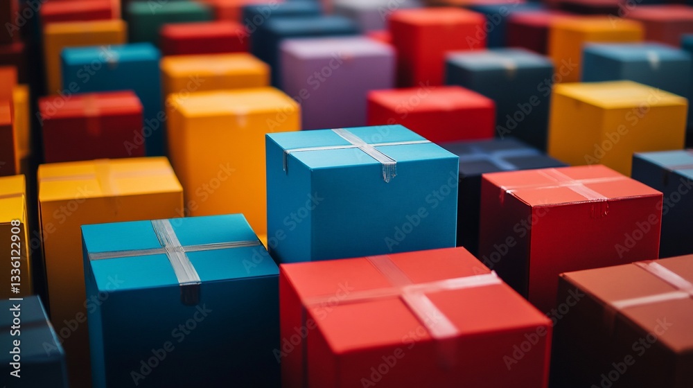 Fototapeta premium Colorful boxes arranged, warehouse background, logistics concept