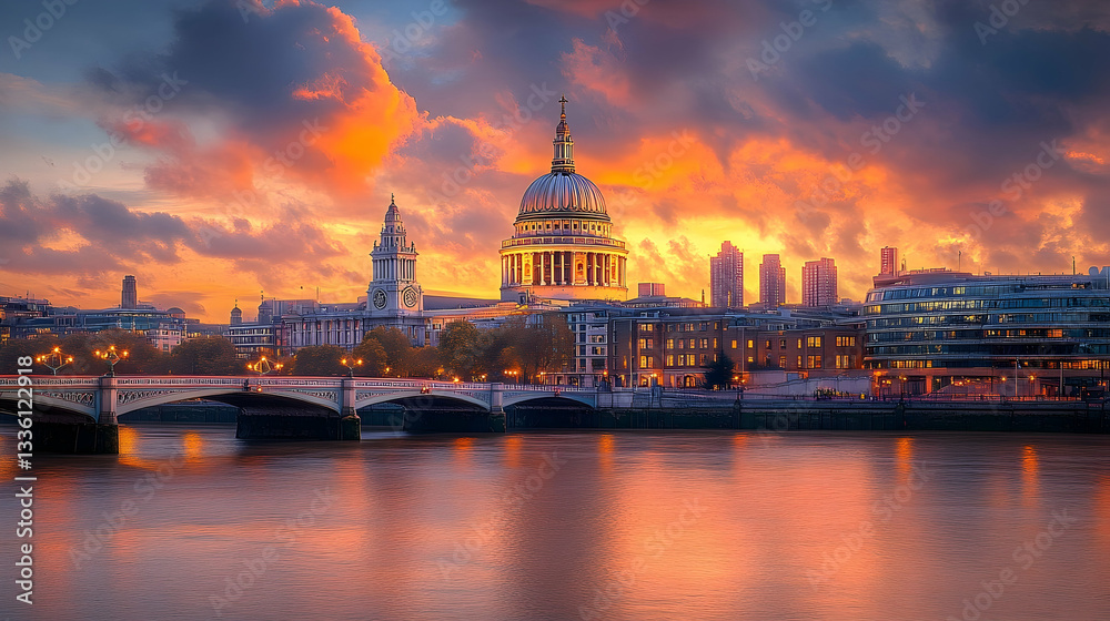 Fototapeta premium Sunset over St. Paul's Cathedral with vibrant clouds reflecting on the River Thames in London