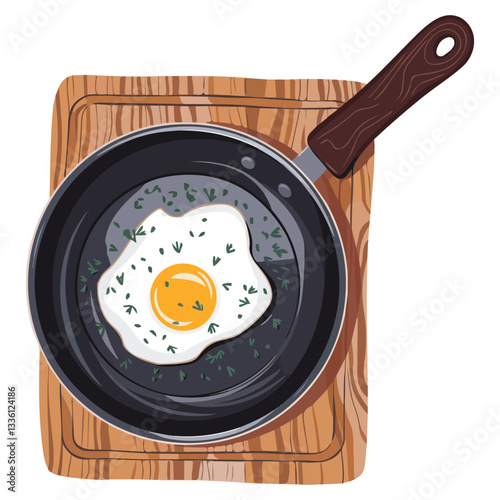 Cartoon Style Fried Egg Sausages and Tomatoes on Skillet Top View