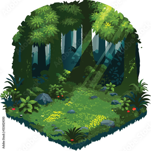 Dense green forest surrounded by sunlight in honor of World Earth Day. green tree with green leaves. 3d render of a green plant. green planet earth with grass