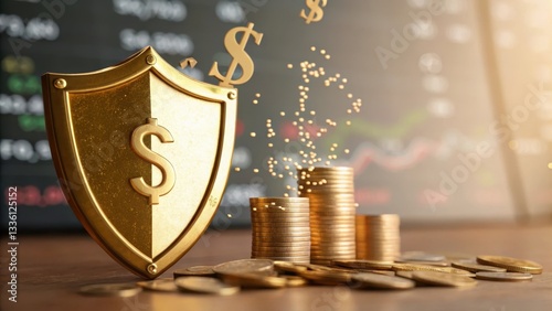 Golden shield with money and coins, symbolizing financial security.
