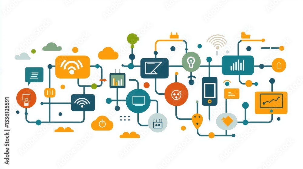 Colorful Abstract Illustration of Technology Connections and Data Flow in Modern Digital Environment Colorful Abstract Illustration of Technology Connections and Data Flow in Modern Digital Environment