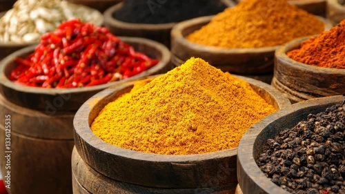 Colorful spices displayed in wooden containers at a bustling market in India during a vibrant midday