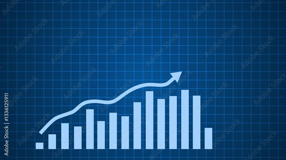 Grid Background with Upward Trend Graph Chart Animation, Grid background with a bar chart and line graph showing upward trend