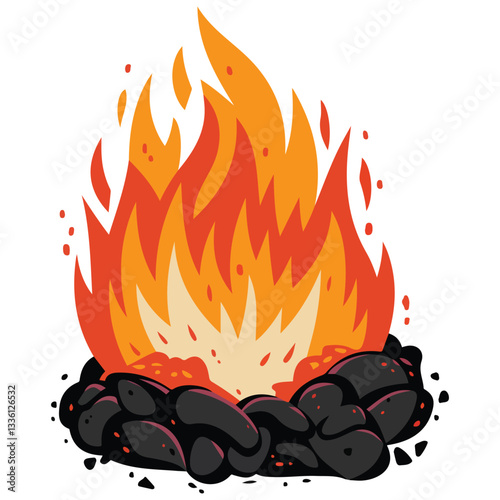 Cartoon Campfire with Burning Coal and Flame Close Up Fireplace Design