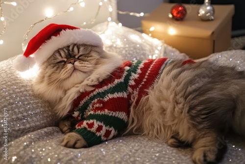 A fluffy Persian cat wears a Christmas sweater and Santa hat, lying on a soft pillow as sparkling lights twinkle around it.