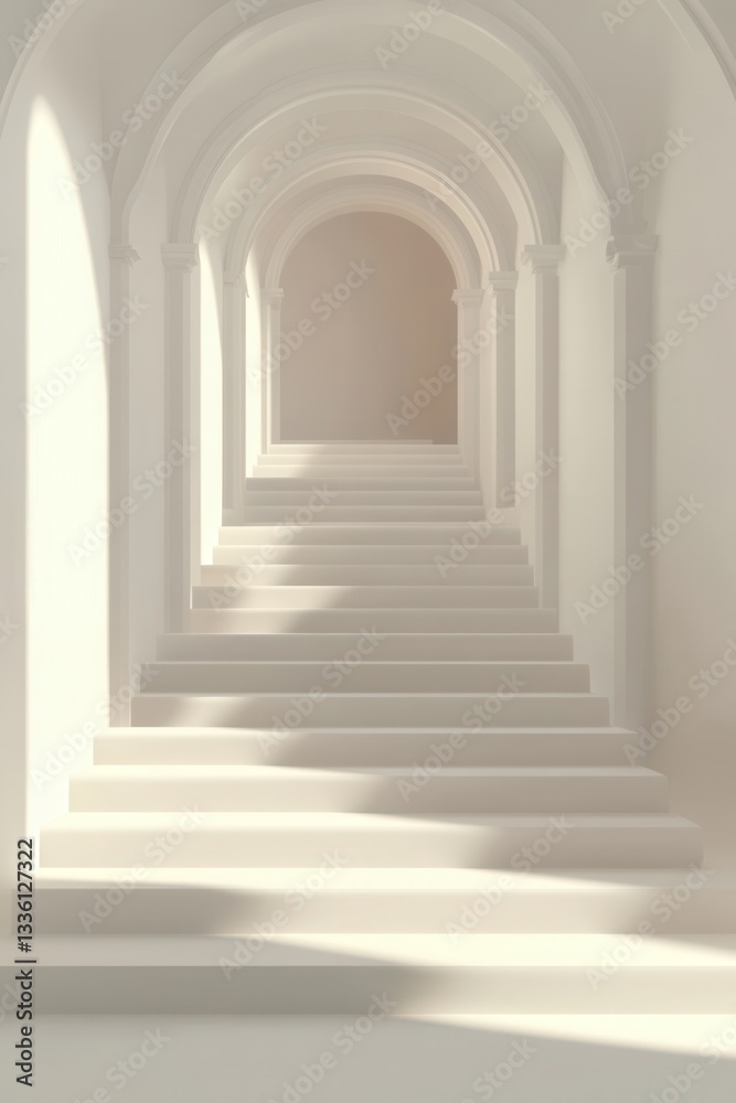 Empty, arched hallway with stairs. Sunlight streams through Empty, arched hallway with stairs. Sunlight streams through