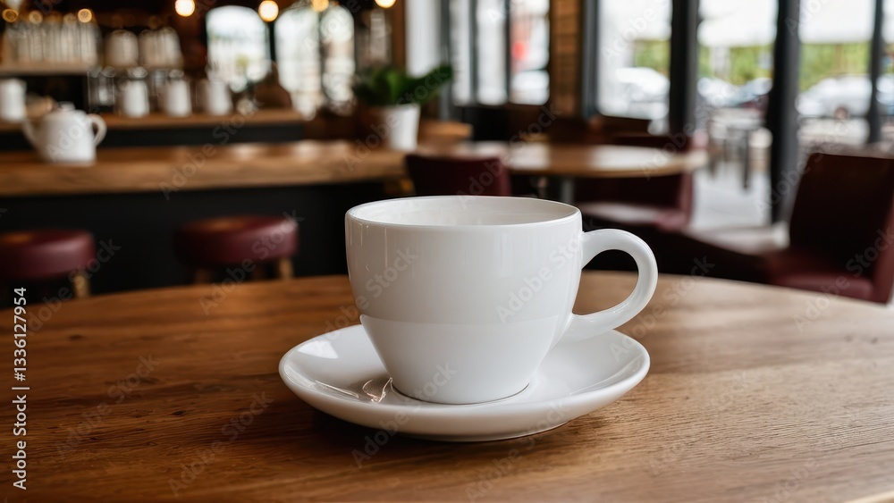 Fototapeta premium Cozy coffee shop mockup featuring a white cup on a wooden table.