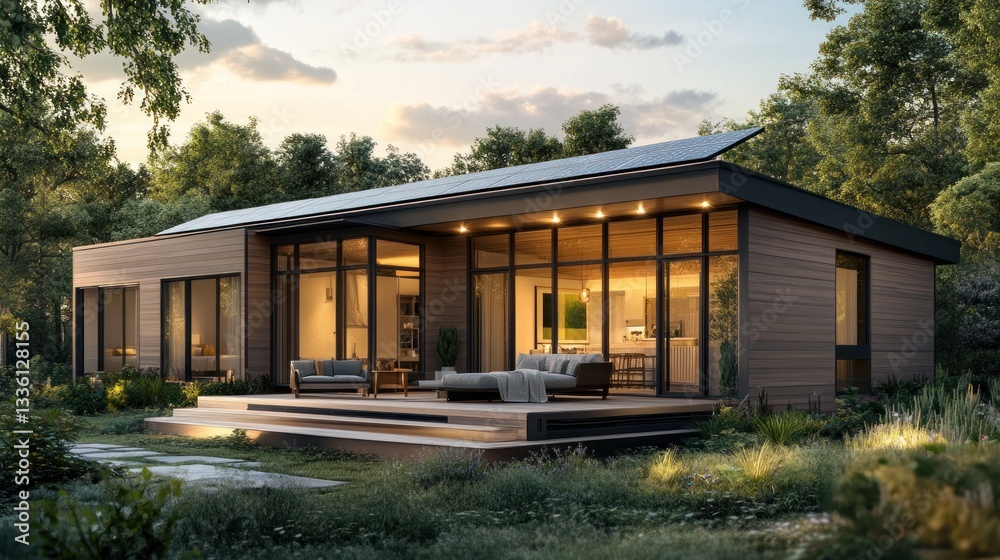 Fototapeta premium Modern sustainable home with solar panels blending into natural landscape at dusk