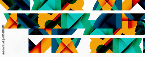 Abstract geometric artwork with interwoven angular and curved shapes, dynamic composition with smooth gradients and bold contrasts