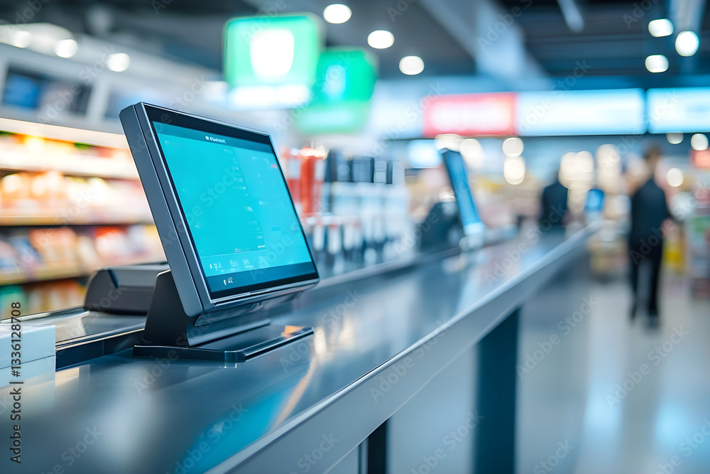 Modern self-checkout terminal in a supermarket with a sleek touchscreen interface. A futuristic retail environment emphasizing automation, efficiency, and digital transactions Modern self-checkout terminal in a supermarket with a sleek touchscreen interface. A futuristic retail environment emphasizing automation, efficiency, and digital transactions
