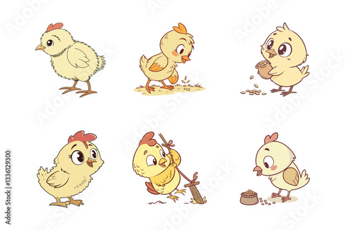 Cute chicks vector collection, cute chicks playing, cute chicks eating isolated on white background. icon set