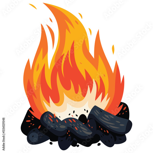 Burning Coal and Charcoal Pile with Flames Cartoon Style Bonfire