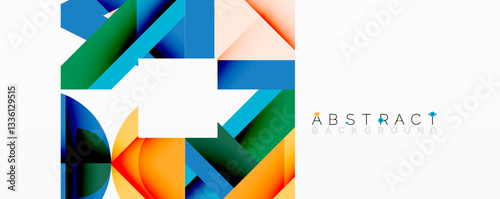 Abstract geometric composition with interlocking circular and angular shapes, featuring smooth gradients and sharp contrasts on a white background