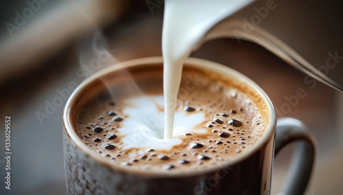 Cream being poured into steaming hot coffee photo