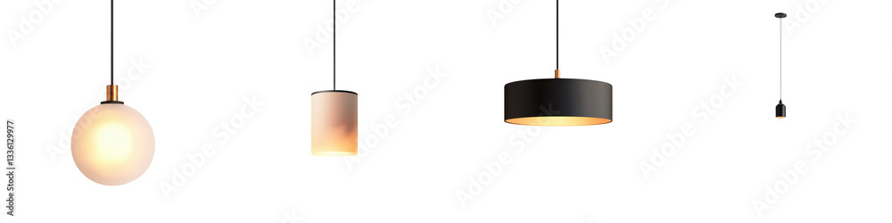 Fototapeta premium A collection of stylish minimalist pendant light fixtures suspended from the ceiling creating a modern functional and aesthetically pleasing lighting arrangement in an interior design setting