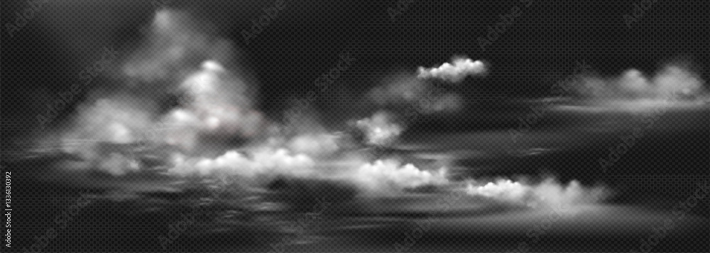 Εκτύπωση καμβά cloudy, cloudy sky on a transparent dark background, background with cloudy sky, isolated vector object white clouds on a dark transparent background
