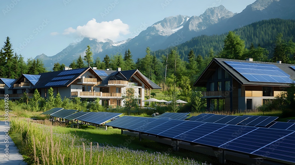 Fototapeta premium Eco-Friendly Alpine Village: Sustainable Living in the Mountains