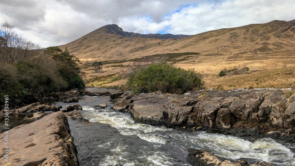 Beautiful landscape scenery, river Erriff surrounded by mountains near Aesleagh falls, county Mayo, Ireland, nature background
