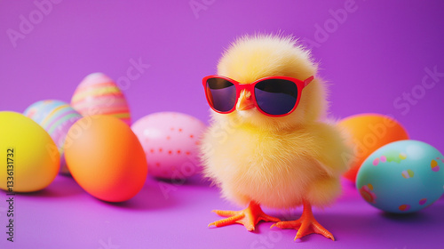 A tiny stylish chick in trendy glasses stands curiously next to colorful Easter eggs on a rich purple background