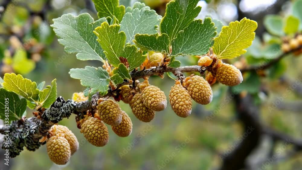 Oak tree produces clusters of acorns amidst vibrant green leaves in a serene forest setting Oak tree produces clusters of acorns amidst vibrant green leaves in a serene forest setting
