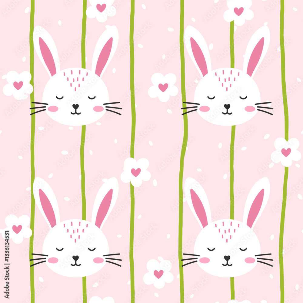 Seamless vector pattern featuring playful bunnies, blooming chamomile flowers, with wavy lines adding a gentle touch, perfect for Easter celebrations, kids' clothing, and festive spring decor Seamless vector pattern featuring playful bunnies, blooming chamomile flowers, with wavy lines adding a gentle touch, perfect for Easter celebrations, kids' clothing, and festive spring decor