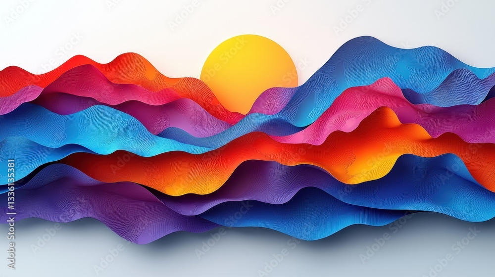 Colorful Abstract Landscape with Waves and Bright Sun Setting Over Rolling Hills in Gradient Tones Colorful Abstract Landscape with Waves and Bright Sun Setting Over Rolling Hills in Gradient Tones