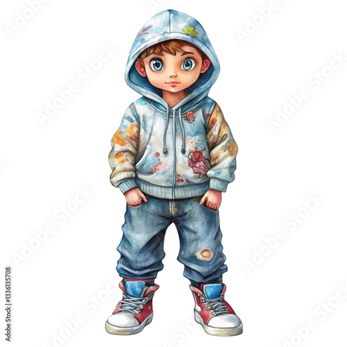 Boy wearing hip hop outfit Cool shoes Clipart Watercolor