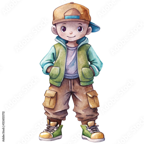 Boy wearing hip hop outfit Cool shoes Clipart Watercolor