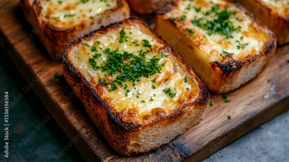Rustic Toasted Bread Slices with Melted Butter on Wooden Board Rustic Toasted Bread Slices with Melted Butter on Wooden Board