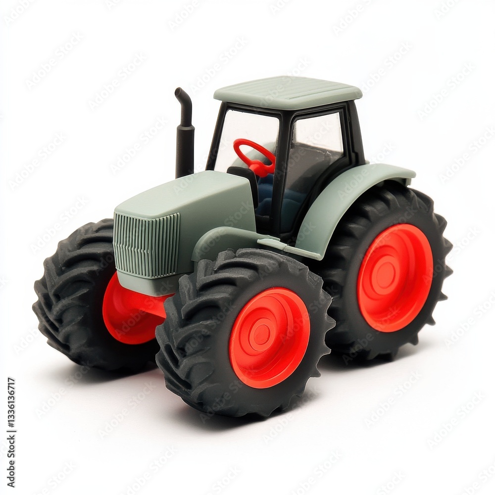 Obraz premium Brightly colored toy tractor with red wheels and detailed features, perfect for imaginative play and display